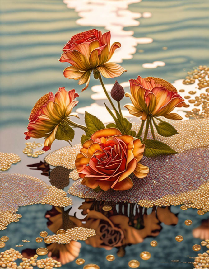 Colorful floral arrangement with central rose above surreal water surface.