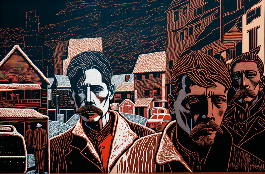 Stylized two-toned print of three male figures with cityscape background