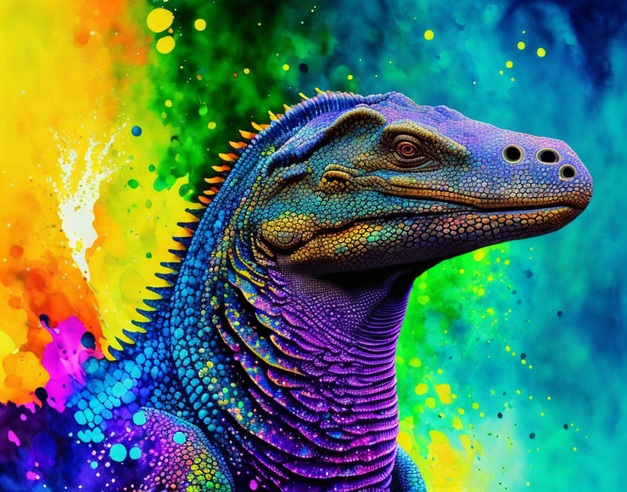 Vibrant Dinosaur Artwork with Rainbow Background