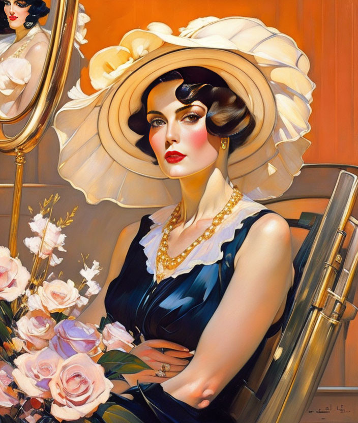 Vintage-style woman with wide-brimmed hat and pearls near roses and portrait