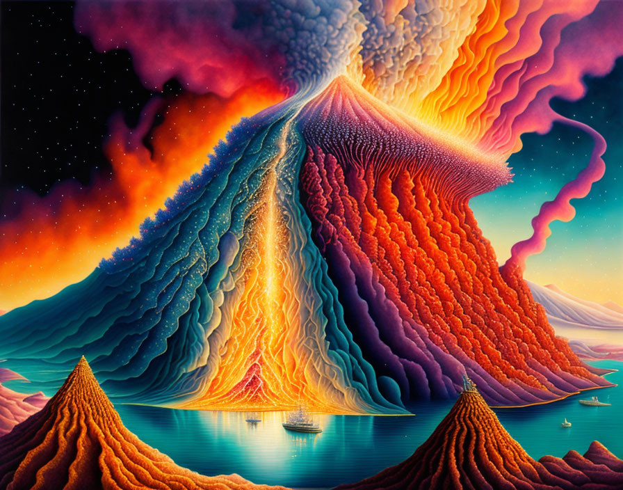 Colorful volcanic eruption with flowing lava and boats near peaks