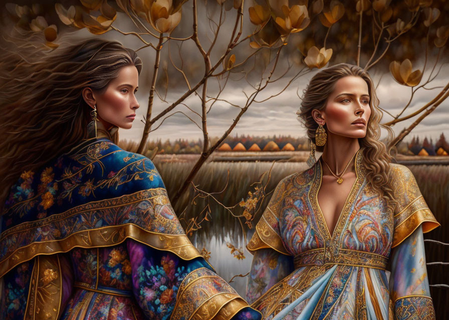 Two women in ornate medieval gowns in front of autumn landscape