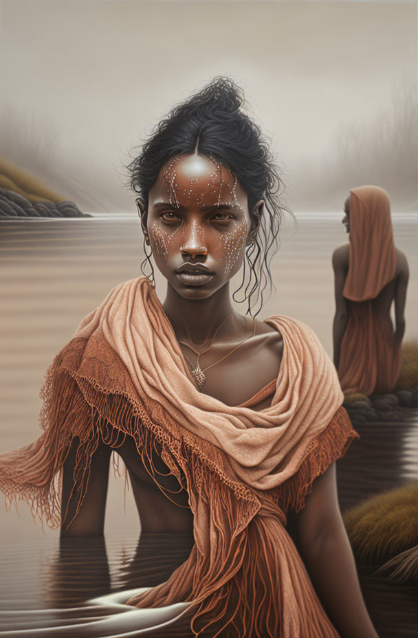 Dark-haired woman with glowing freckles in orange shawl, surreal misty scenery