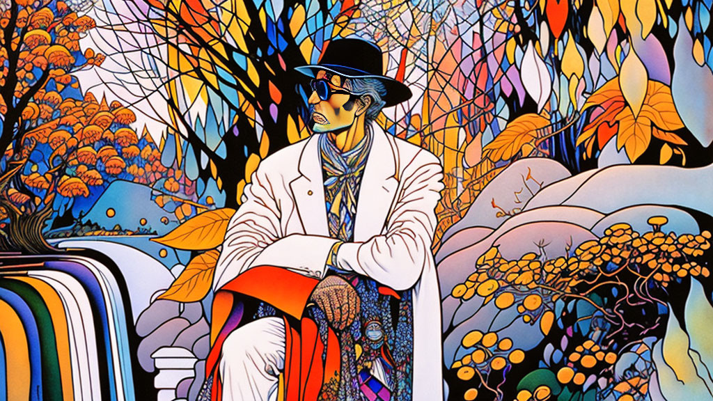 Colorful Artwork: Stylish Figure in White Coat and Hat with Abstract Nature Backdrop