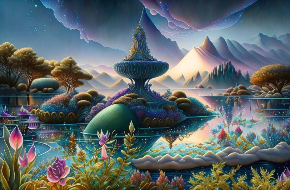 Colorful Fantasy Landscape with Fountain, Flora, and Whimsical Trees