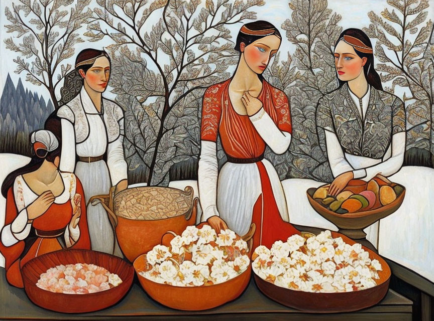 Four women in traditional dress with flower baskets, stylized nature and mountains in the background