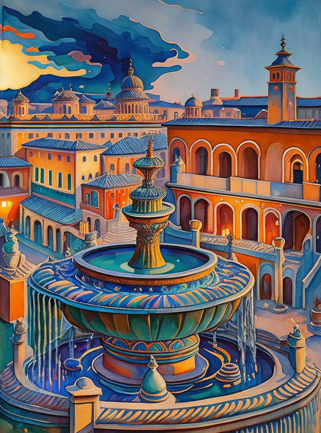 Colorful courtyard painting with ornate fountain and European architecture at twilight