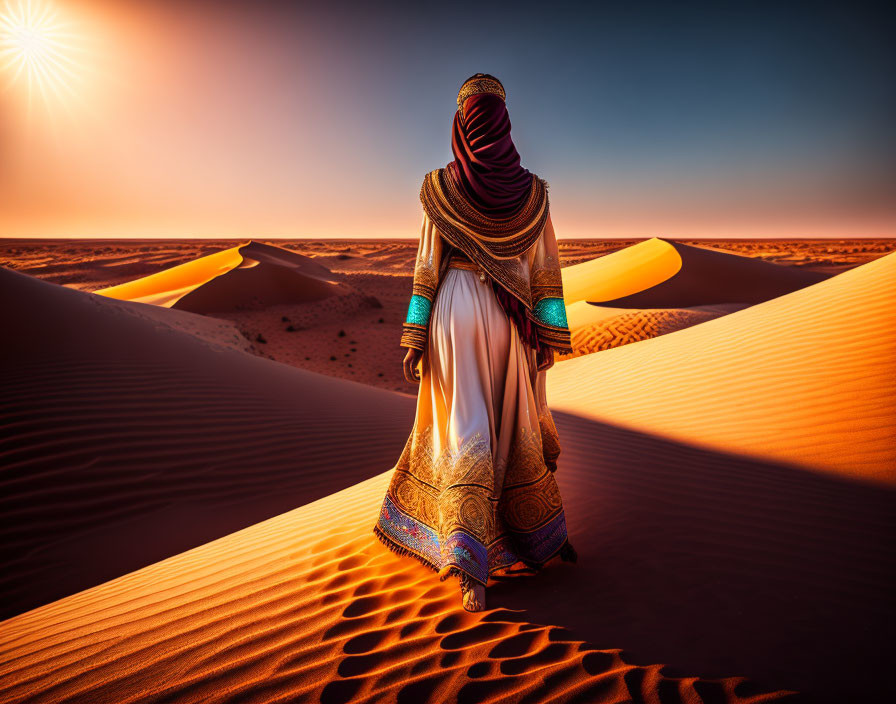 Person in traditional robes on desert sand dune at sunset