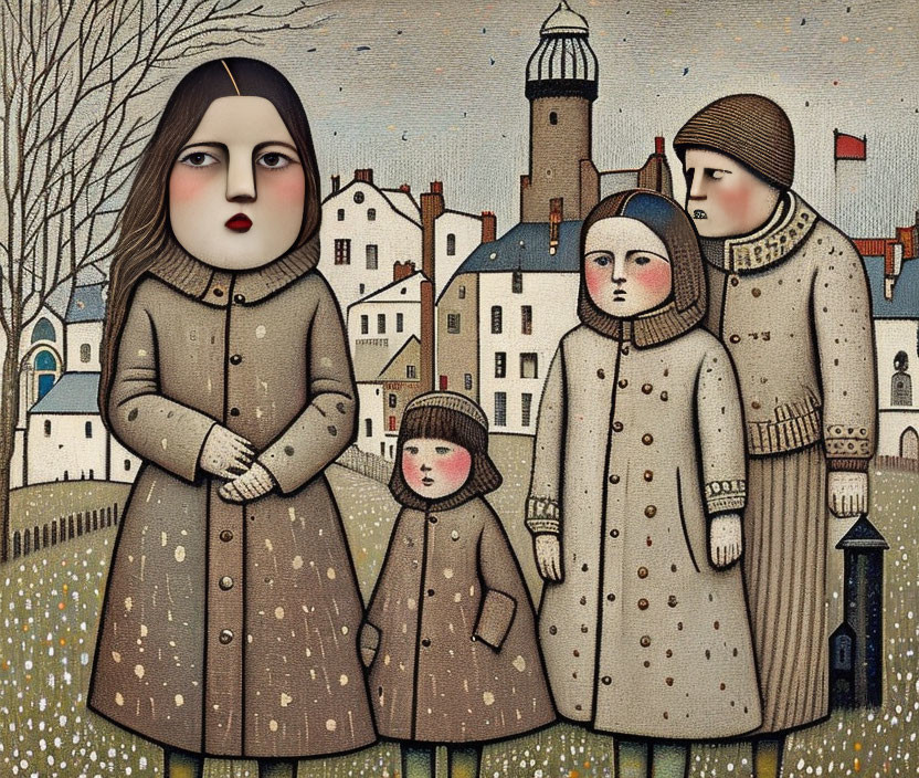 Illustration of four somber figures in vintage coats by a lighthouse