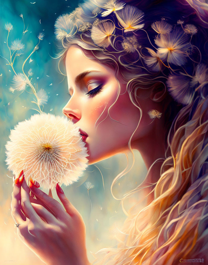 Illustrated woman with floral hair holding dandelion seed head surrounded by floating seeds