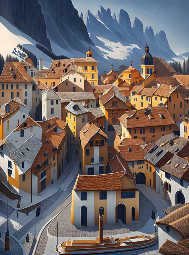Scenic village with orange-roofed buildings, mountains, church, and tramline