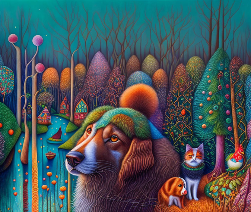 Colorful fantasy illustration: large dog head, two cats, whimsical trees