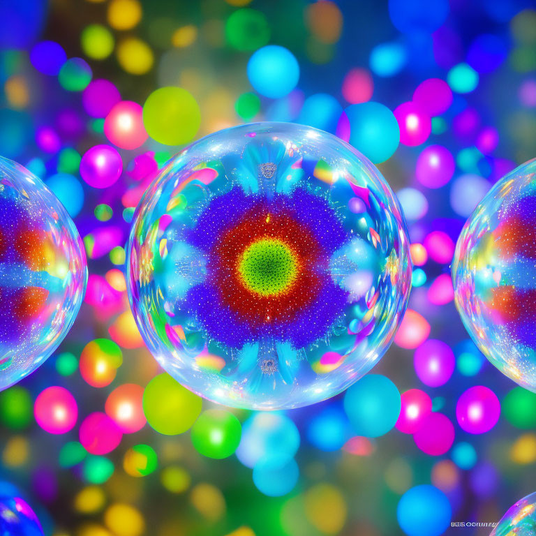 Colorful Soap Bubbles with Bokeh Lights and Swirling Patterns