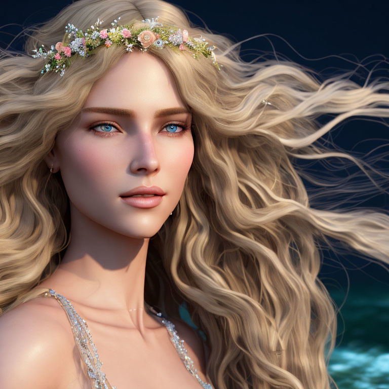 Blonde Woman with Floral Headband in Ocean Background