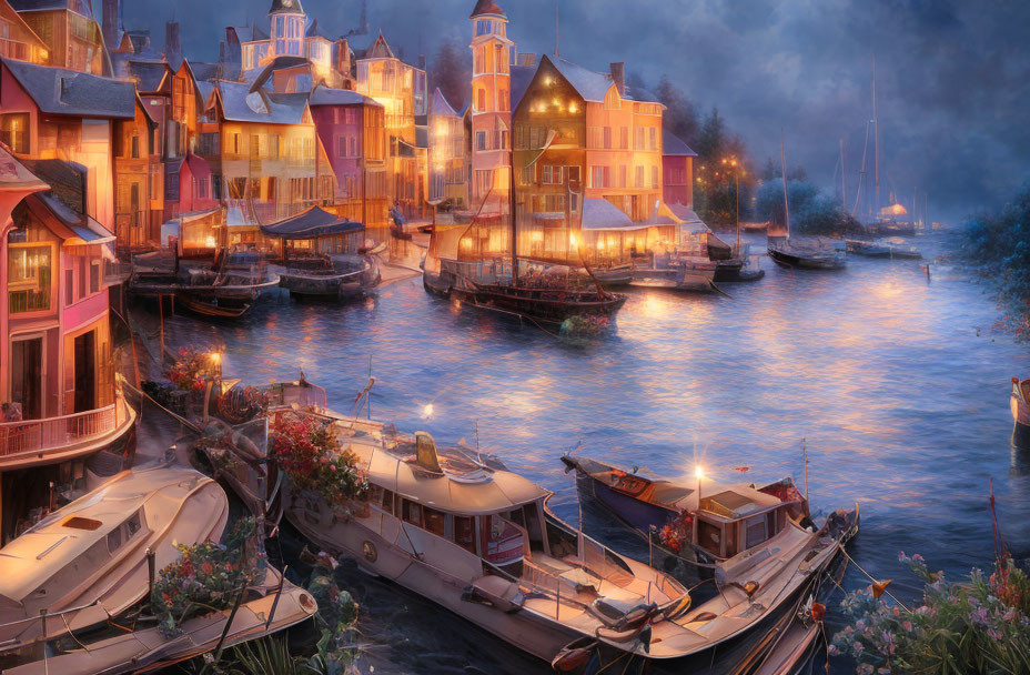 Cityscape at Waterfront: Illuminated Buildings and Moored Boats Reflecting on Calm Water