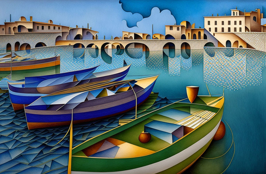 Colorful boats on blue water in surreal, geometric style.