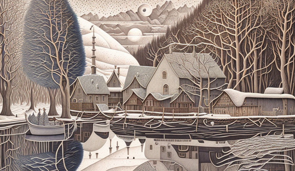 Detailed snowy village scene with moonlit ambiance