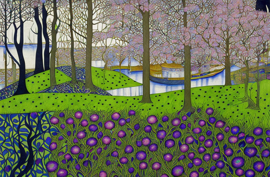 Colorful landscape painting with purple flowers, trees, and lake boats