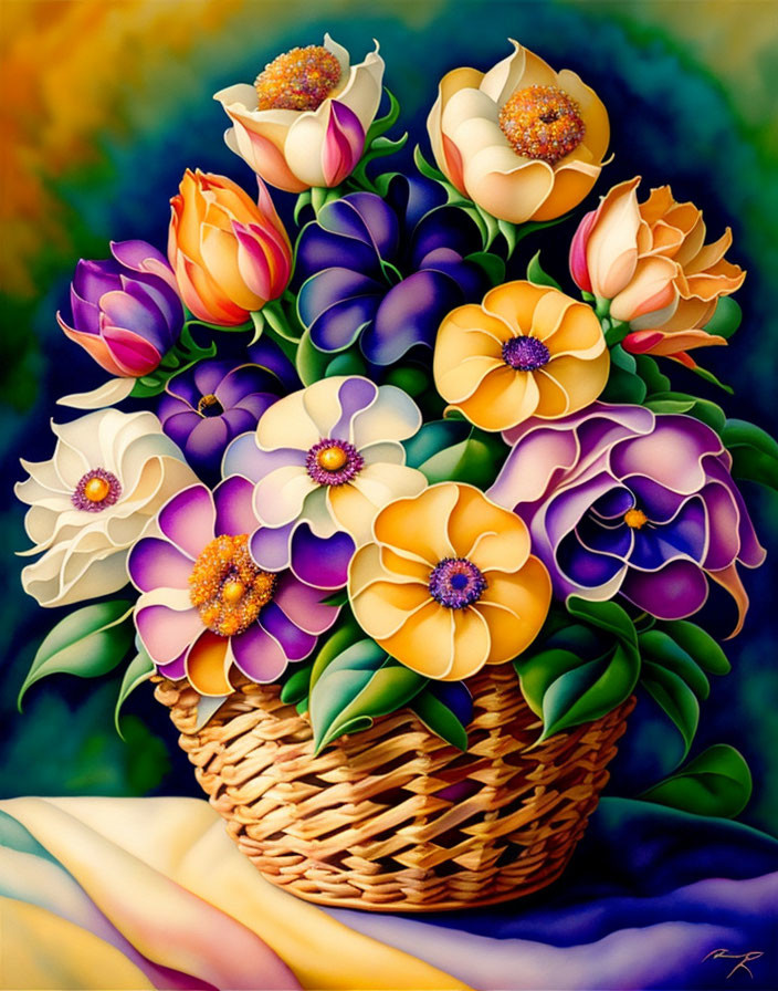 Colorful Flowers in Wicker Basket Painting with Tulips and Daisies