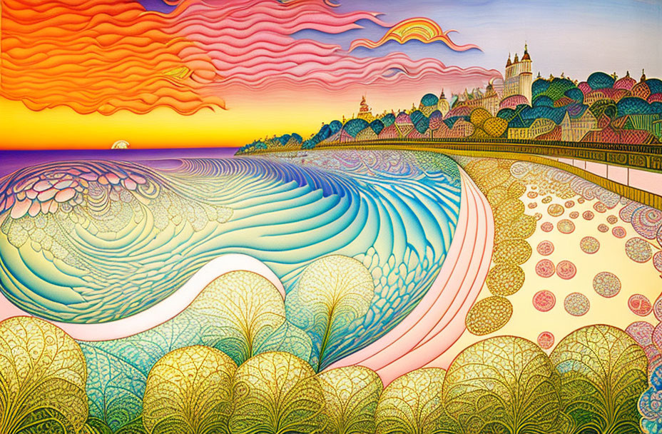 Colorful painting of rolling waves, vibrant sky, and coastal town