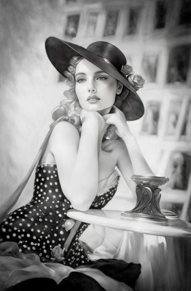 Vintage woman in polka dot dress and hat poses elegantly in black and white photo