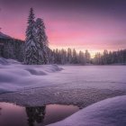 Snowy Winter Landscape with Pine Trees, Houses, Castle, Lake, and Two Moons