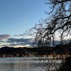 Tranquil Dusk Scene: House by Still Lake, Bare Trees, Birds, Reflections