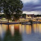 Vibrant town by tranquil lake at dusk with large tree and boat