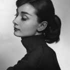 Monochrome portrait of woman with braided updo and textured turtleneck