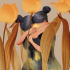 Stylized female figure with leaf-like headdress in warm colors