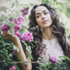 Illustrated woman with vintage makeup surrounded by blooming flowers and gold jewelry