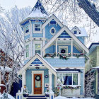 Blue Victorian House with White Trim in Snowy Landscape