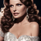 Brunette woman in off-the-shoulder gown and teardrop earrings radiates classic glamour