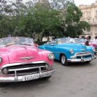 Vintage cars parked by sidewalk under trees near multi-story building