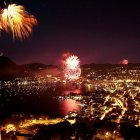 Colorful fireworks illuminate cityscape and lake under starry sky