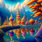 Colorful Mushroom Structures in Fantasy Landscape with Mountain Backdrops