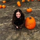 Detailed illustration: Woman with long black hair, birds, pumpkin, and autumn leaves.