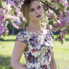 Young woman with braid in floral dress and hat surrounded by greenery and purple flowers