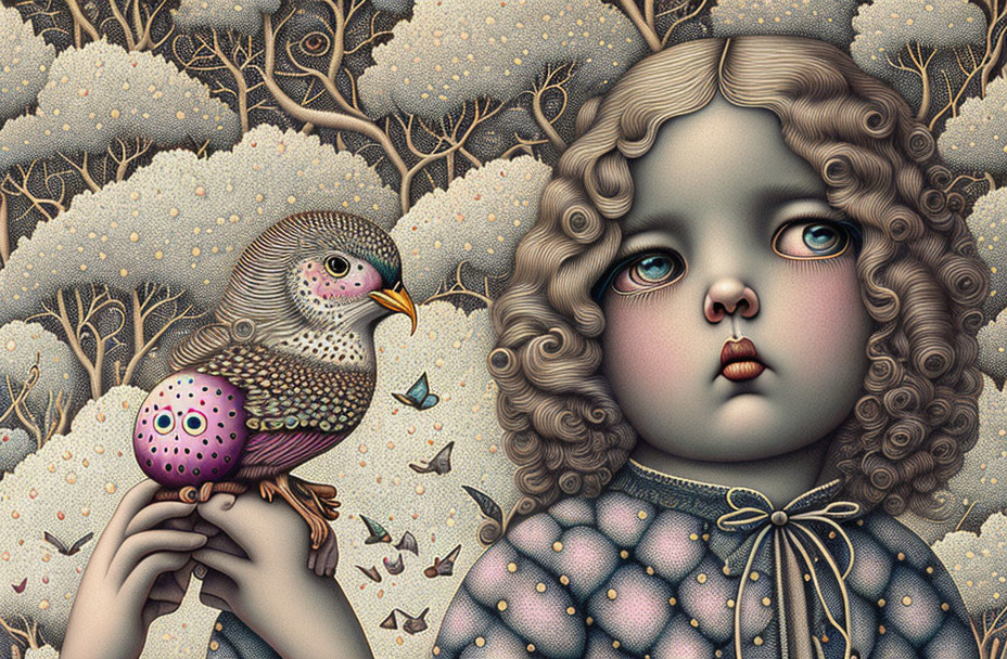 Surreal illustration of girl with expressive eyes holding stylized bird