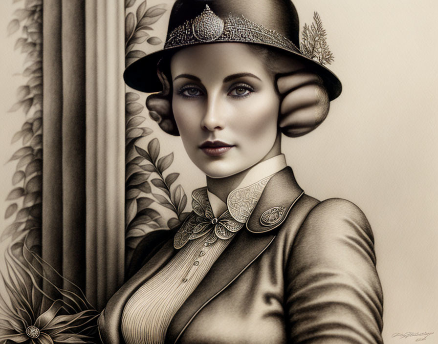 Sepia-Toned Illustration of Elegant Woman in Vintage Hat and Jacket