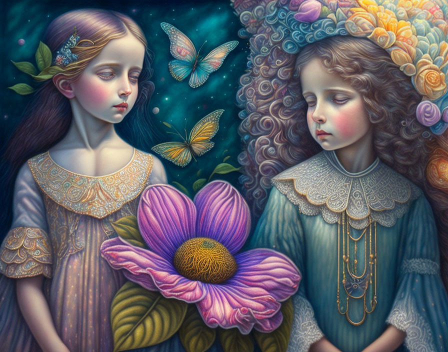 Detailed Victorian attire on two illustrated girls surrounded by butterflies and a purple flower