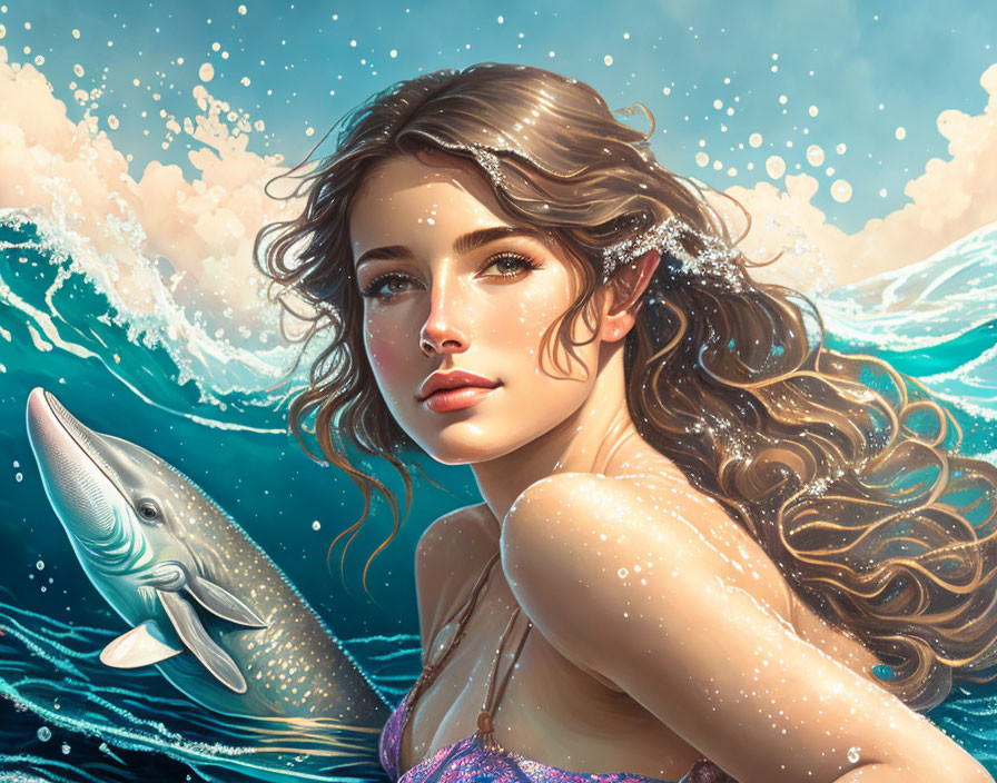 Young woman and dolphin in ocean digital artwork with waves and splashes