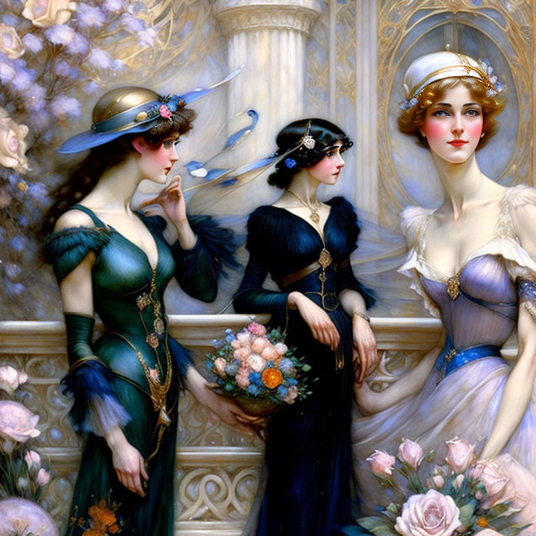 Vintage Attire Women in Wide-brimmed Hats Surrounded by Roses