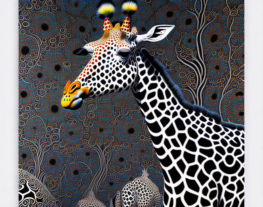 Colorful Giraffe Artwork with Intricate Patterns on Dotted Blue Background