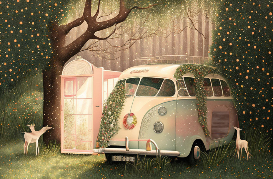 Vintage Camper Van in Glittering Forest Clearing with Ethereal Deer