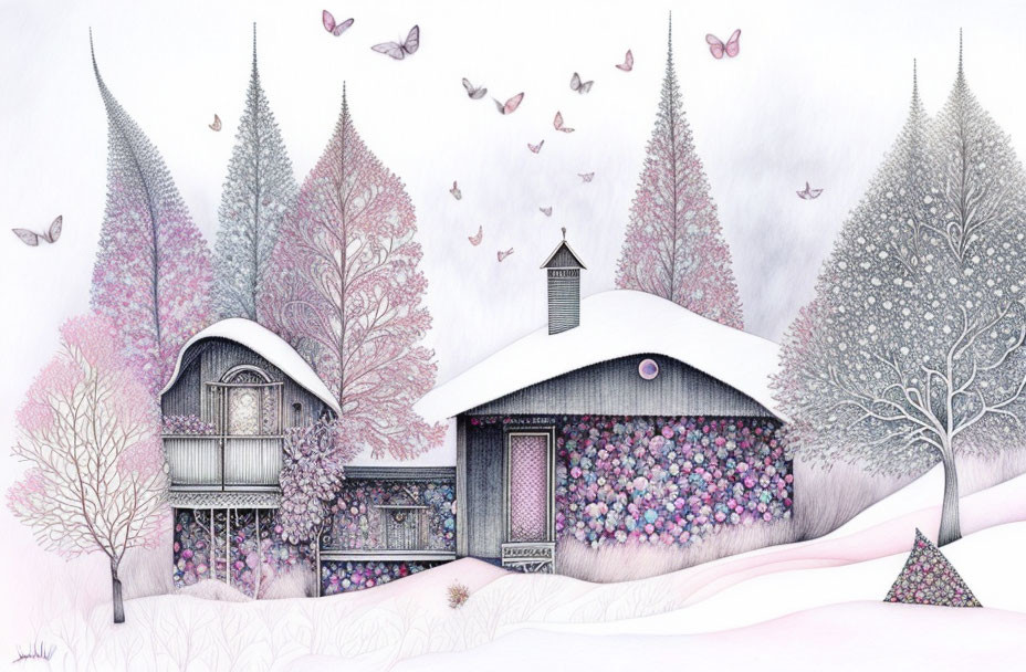 Snow-covered landscape with cozy cottage and pink-flowered trees.