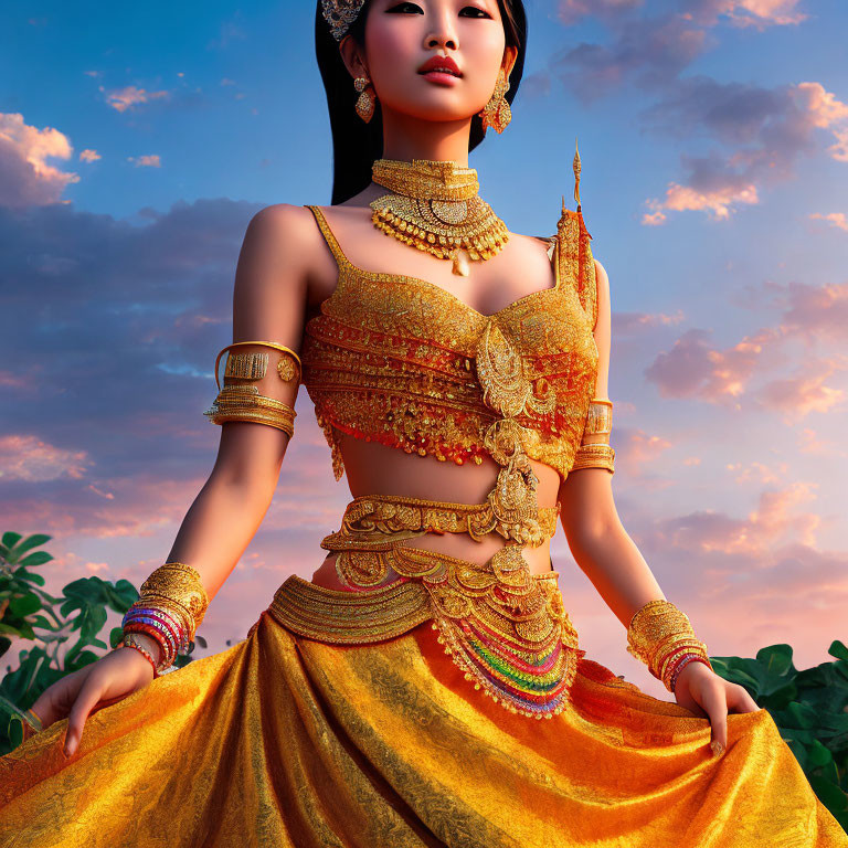 Traditional Thai Attire Woman in 3D Rendered Image