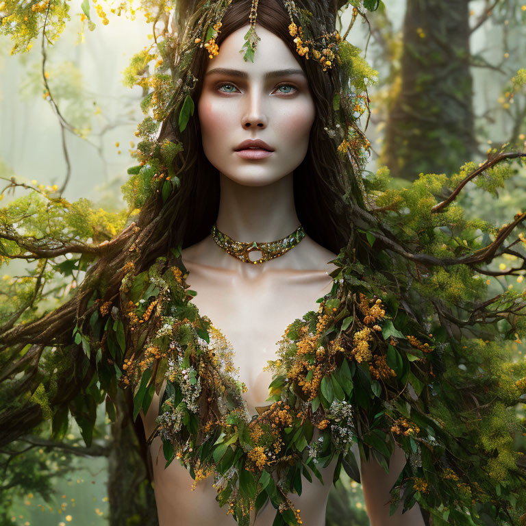 Mystical figure with serene features in lush forest setting