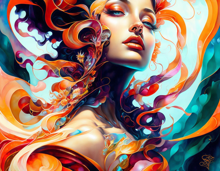 Colorful digital artwork: Woman with flowing hair and abstract patterns.