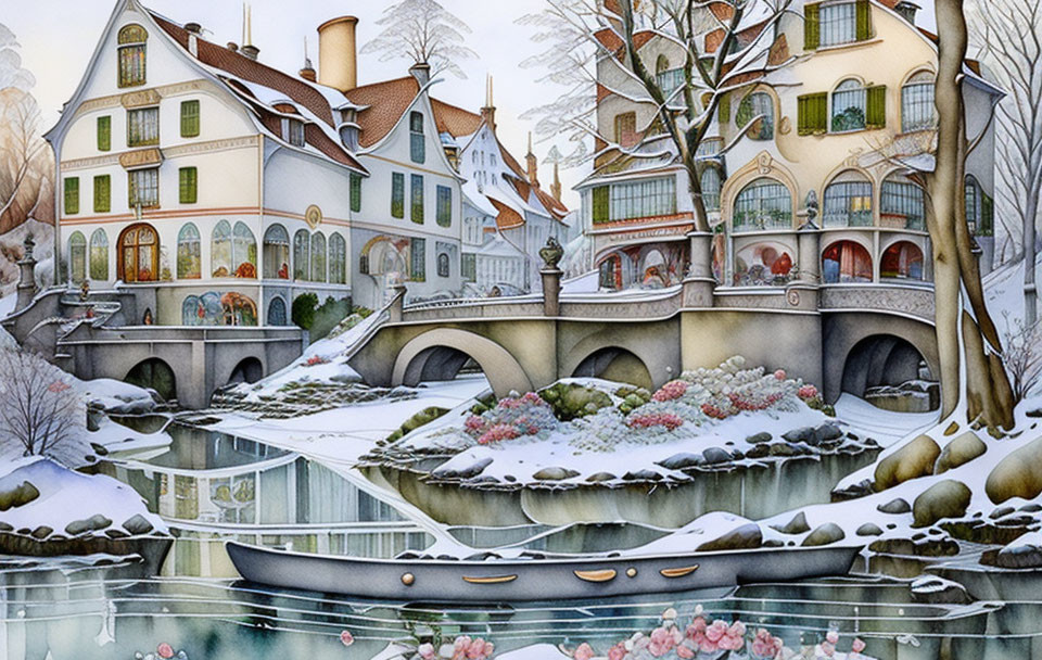 Snow-covered village with frozen river and bridge in serene winter setting